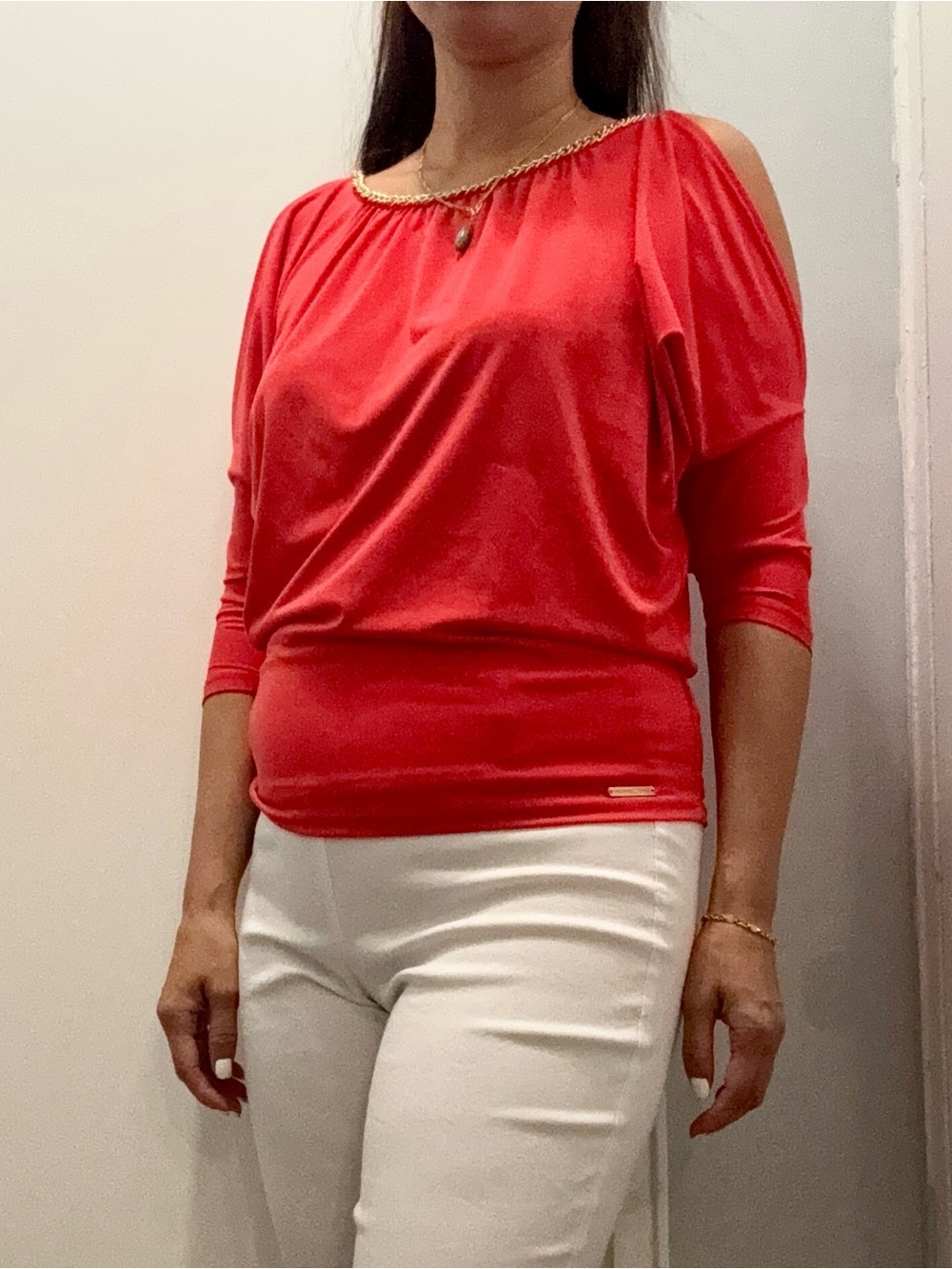Michael Kors Coral Red Cold-Shoulder Tunic with Gold Chain Trim
